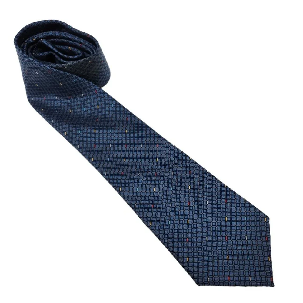 100% Silk Mens Tie by LD14‎ Made In Italy Blue Geometric
